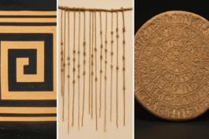 Visual comparison of meander patterns, Inca quipu knots, and the Phaistos Disc as ancient nonverbal information systems.