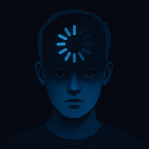 Artistic representation of mind blank: a person frozen mid-thought with symbolic brain shutdown.