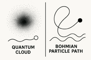 Side-by-side comparison of probabilistic vs. Bohmian particle behavior in quantum theory.
