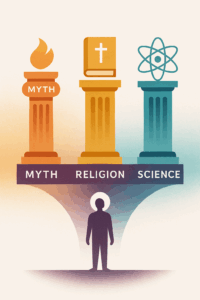 Conceptual image comparing myth, religion, and science as different ways humans seek understanding.