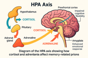 Diagram of the HPA axis showing how cortisol and adrenaline affect memory-related brain regions.