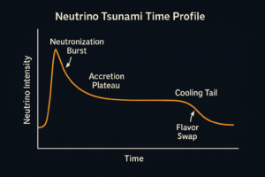 Time profile of neutrino emission during a Type II supernova, highlighting burst, plateau, and decay phases.