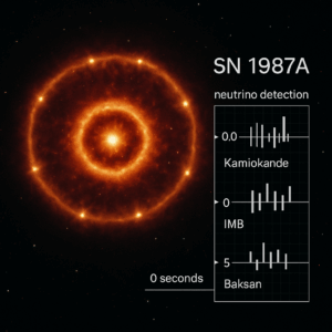 Visual reconstruction of SN 1987A with timeline and neutrino detections in Earth-based observatories.