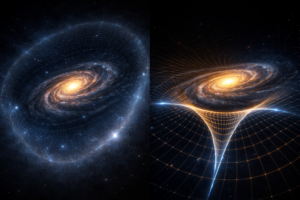 Dark matter may exist as unseen particles, or gravity itself may behave differently than expected.